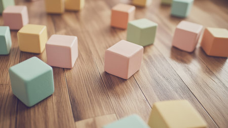 Colorful pastel toy blocks are scattered across a natural wood floor, enhancing a clean and minimalist space that invites creativity and play.の素材