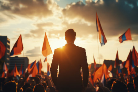 A leader stands before a vibrant crowd holding flags, delivering a powerful speech at an emotional political rally during sunset, inspiring unity and hope.の素材