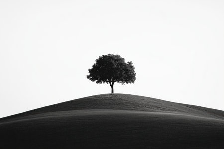 A solitary tree stands on a gently sloping hill, its dark silhouette contrasting with the bright sky, creating an impactful and serene atmosphere.の素材