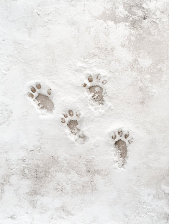 Small footprints in fresh snow reveal the presence of a baby animal exploring its winter habitat, capturing a serene moment in nature.の素材