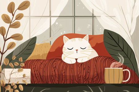 A warm cup of tea sits beside a cozy knitted blanket, while a sleepy cat enjoys a peaceful nap by the window, surrounded by soft colors and inviting textures.の素材