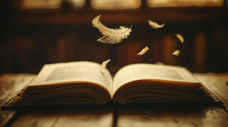Delicate feathers drift down onto the pages of an open storybook, creating a serene and whimsical scene filled with warmth and imaginationの素材