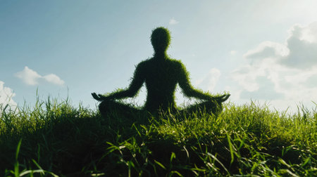 A peaceful silhouette of a human meditating is formed from lush green grass, blending seamlessly with the vibrant landscape under a clear sky.の素材
