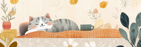 Enjoy a tranquil afternoon with a sleepy cat resting on a knitted blanket beside a warm cup of tea, surrounded by soft autumn colors and plants.の素材