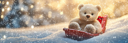 A cheerful bear enjoys a sled ride in fresh snow, surrounded by sparkling flakes, evoking feelings of holiday joy and tranquility during wintertime.の素材