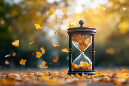 An hourglass rests on a bed of leaves, its glass chambers filled with vibrant autumn foliage, capturing the essence of fleeting moments in natures cycle.の素材