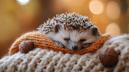 A little hedgehog sleeps peacefully on a warm scarf, using an acorn as a pillow, surrounded by the soft hues of autumn morning light.の素材
