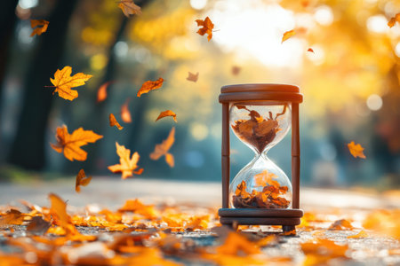 An hourglass stands among scattered autumn leaves, symbolizing the natural flow of time as colorful leaves drift to the ground during sunset.の素材