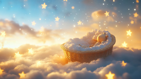 A cradle nestled in fluffy clouds is illuminated by the gentle glow of stars, offering a calm and dreamy backdrop perfect for bedtime and sweet dreams.の素材