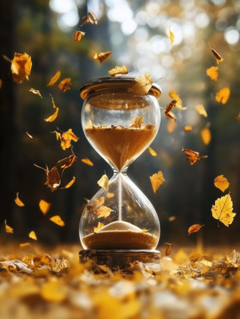 An hourglass showcases vibrant leaves replacing sand, symbolizing the fleeting moments of autumn as they drift gently in a peaceful forest atmosphereの素材