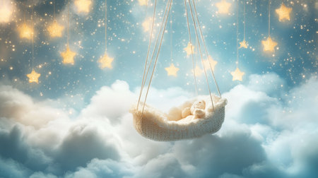 A cozy cradle floats gently in a dreamy sky filled with soft clouds and twinkling stars, setting a serene atmosphere perfect for bedtime relaxation.の素材