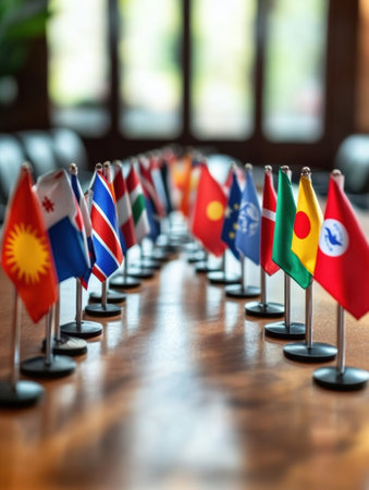 Mini flags from diverse countries are symmetrically placed on a negotiation table, symbolizing diplomacy and international dialogue.の素材