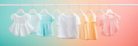 Minimal baby clothing hangers feature an array of tiny dresses and shirts against a soft, vibrant background, evoking a whimsical and fresh ambiance.の素材