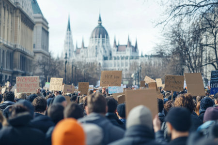 Protesters gather outside parliament, passionately calling for political change while holding diverse signs and banners.の素材