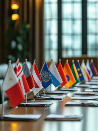 Mini flags from various countries line a negotiation table, signaling a formal diplomatic discussion at a conference center.の素材