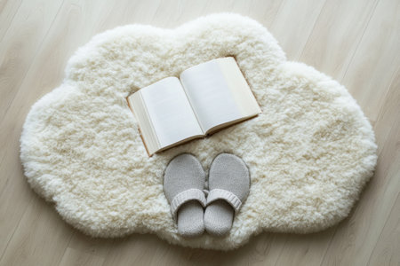 Soft cloud-shaped rug features cozy slippers and an open book inviting relaxation in a warm indoor setting ideal for reading or unwinding during quiet moments.の素材