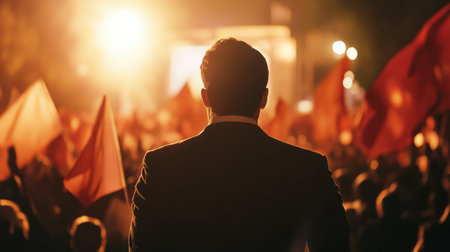 Leader stands confidently in front of a large, enthusiastic crowd at nighttime, with flags waving and a sense of unity and excitement filling the air.の素材