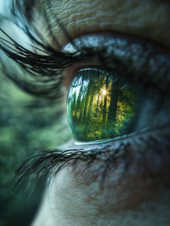 Intense focus on a vivid eye reflecting a lush forest, highlighting the connection between nature and human observation within a calming green palette.の素材