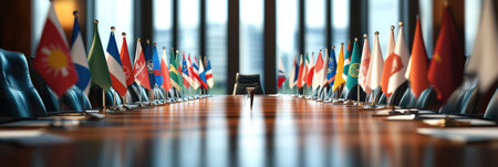 Mini flags representing various countries are symmetrically displayed on a negotiation table, highlighting a diplomatic atmosphere in a modern conference room.の素材