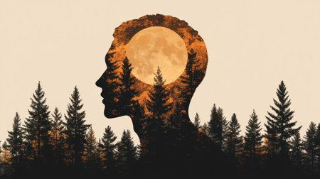 A silhouette of a human profile filled with forest elements, showcasing trees and a glowing moon, symbolizing deep thoughts about nature and serenity.の素材