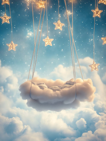 A cradle floats on soft clouds under a starry sky, creating a magical and peaceful bedtime atmosphere perfect for sweet dreams.の素材