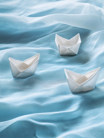 Delicate paper boats float gently on soft pale blue fabric, embodying a sense of calm and minimalism in a whimsical display of imagination.の素材