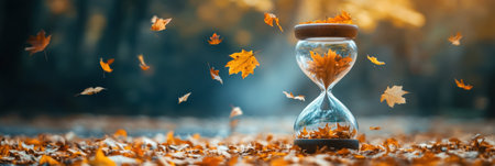 An hourglass filled with colorful falling leaves embodies the swift passage of time, surrounded by a carpet of autumn foliage in a serene outdoor environment.の素材