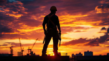 Construction worker holding tools stands against a stunning sunset backdrop, capturing the essence of hard work and perseverance in a striking silhouette.の素材