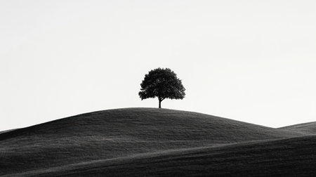 Silhouette of a lone tree atop a gentle hill captures a peaceful moment against a simplistic black and white background, evoking calmness and reflectionの素材