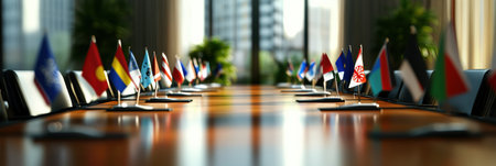 Miniature flags of different nations are placed symmetrically on a long wooden table, symbolizing global diplomacy and discussions in a contemporary setting.の素材