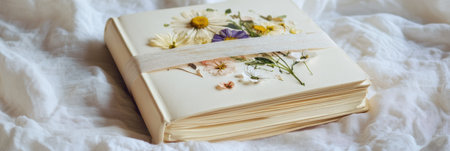 A cream-colored journal adorned with pressed flowers gently lies on soft fabric, illuminated by warm, soft light, inviting creativity and reflection.の素材