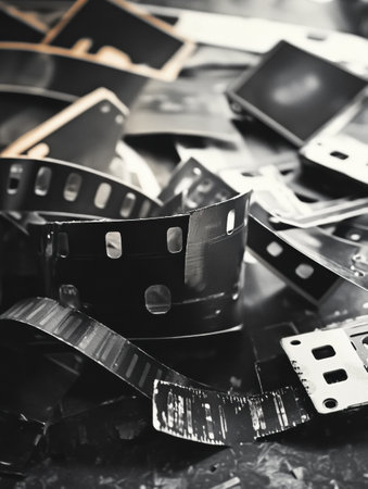 Scattered black and white film strips capture a nostalgic moments in retro photography, reflecting an era of creative visual storytelling and exploration.の素材