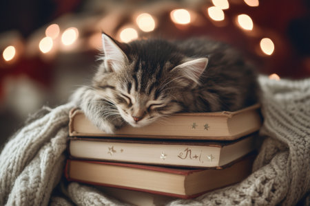 Softly sleeping kitten rests on a pile of books surrounded by twinkling star decorations, creating a warm and inviting atmosphere for bedtime.の素材