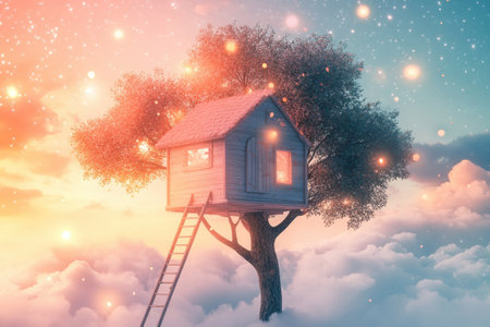 A pastel treehouse perched among soft clouds glows with twinkling lights as a ladder leads to its inviting entrance in a magical twilight atmosphere.の素材