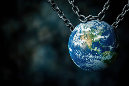 A striking visual metaphor of Earth captured in chains, symbolizing the oppression and control imposed by global political forces in contemporary society.の素材