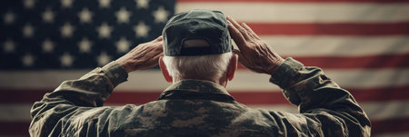 An elderly veteran stands with a salute in front of a waving national flag, embodying pride and emotion during a respectful ceremony honoring service members.の素材