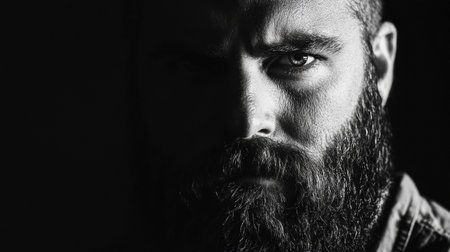 Close-up view of a man with a thick beard and intense gaze captured in high-contrast black and white with stark studio lighting highlighting his features.の素材