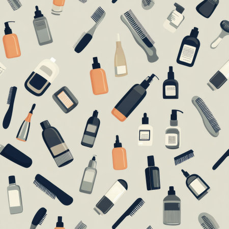 This seamless pattern showcases beard icons, razors, and various grooming bottles set against a subtle, muted background, ideal for design applications.の素材