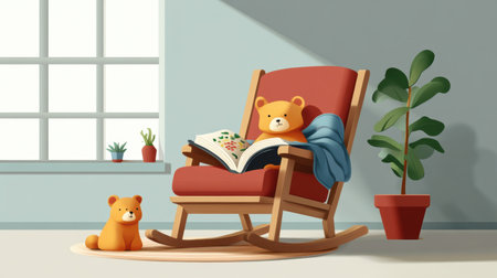A rocking chair sits in a sunlit room, adorned with a warm blanket and an open illustrated animal story, inviting comfort and relaxation.の素材