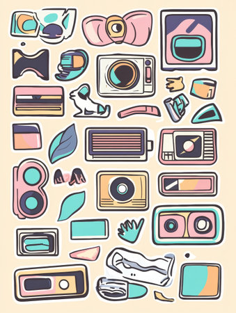 A vibrant collection of 90s style stickers showcases funky shapes and fun textures, highlighting nostalgic elements like VHS tapes and colorful designsの素材