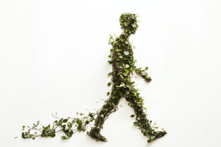 A silhouette of a walking person formed entirely from leaves and twigs against a white background, symbolizing a connection with nature and movement.の素材