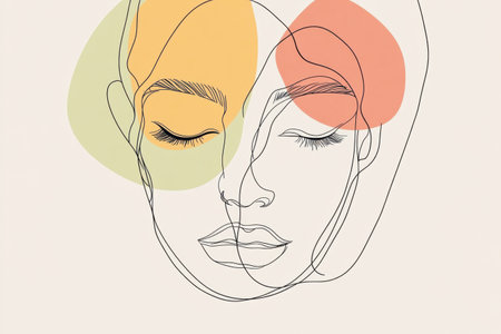 Single-line art portrays a stylized face against a clean background with subtle pastel hues, reflecting a modern and abstract fashion approach.の素材