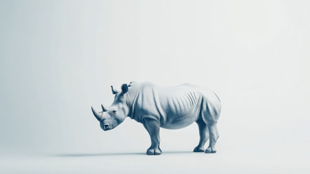 Rhinoceros stands gracefully, showing its textured gray skin amidst soft light shadows against a bare white backdrop, highlighting its majestic form.の素材