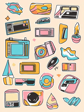 This vibrant sticker collection showcases retro 90s elements with funky shapes, VHS textures, bold outlines, and soft pastel gradients, evoking nostalgia.の素材