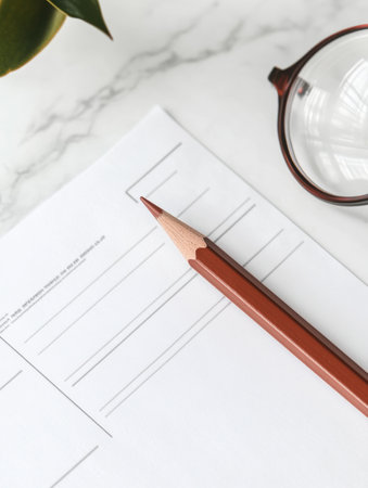 Red pencil highlights a checkbox on a ballot paper, accompanied by glasses and a small green plant on a smooth surface, capturing a moment of civic engagement.の素材