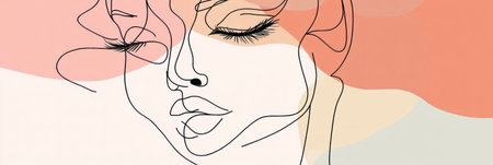 Artwork showcases a single line art face drawing with closed eyes, blending abstract fashion style and soft pastel colors against a clean backdrop.の素材