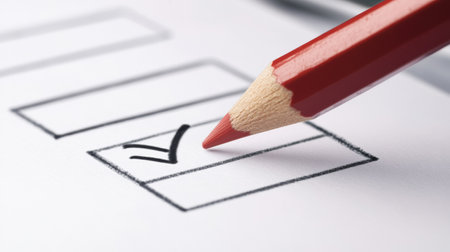 A red pencil highlights a selected checkbox on a ballot paper, illustrating participation in a local election at a community center.の素材