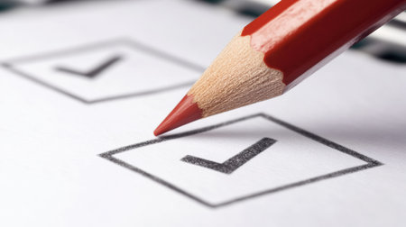 A red pencil is marking a checkbox on ballot paper, highlighting participation in an election at a polling location, symbolizing civic duty and democracy.の素材