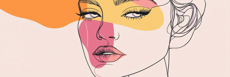 Intricate single-line artwork features a stylized face highlighted with pastel colors against a clean background, capturing a modern abstract fashion essence.の素材