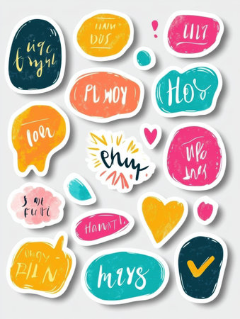 Colorful bubble text stickers feature motivational quotes in artistic handwriting, ideal for inspiring notes, planners, or digital projects.の素材